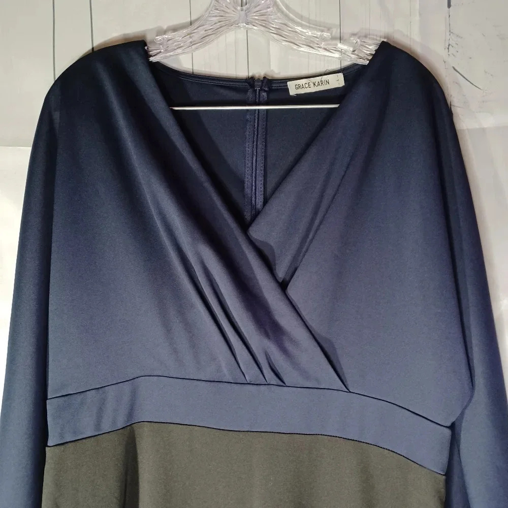Grace Karin V-neck Faux Wrap Modern Classic long sleeve blue and black dress